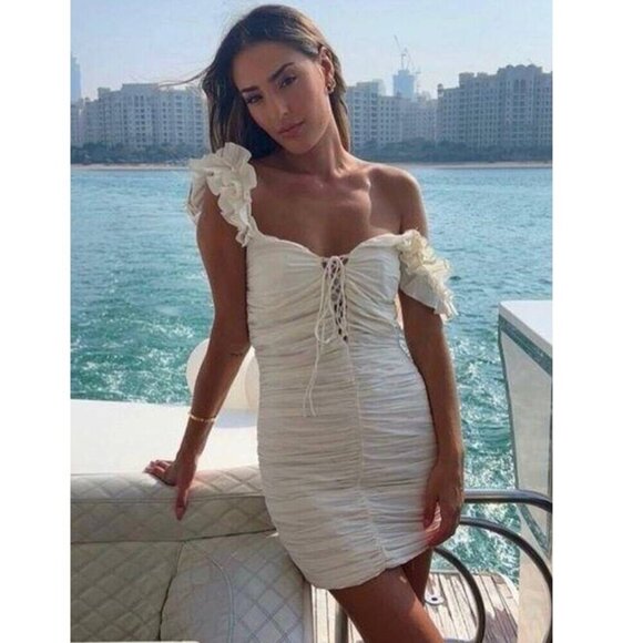 Zara Draped Linen Blend Ruched Mini Dress Ecru White Size Small - Picture 3 of 10